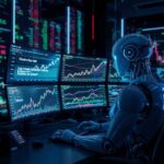 A robot analyzes Exness trading charts, highlighting the search for synthetic indices and global markets.