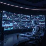 A robot analyzes synthetic indices charts on digital screens, highlighting advanced trading technology.